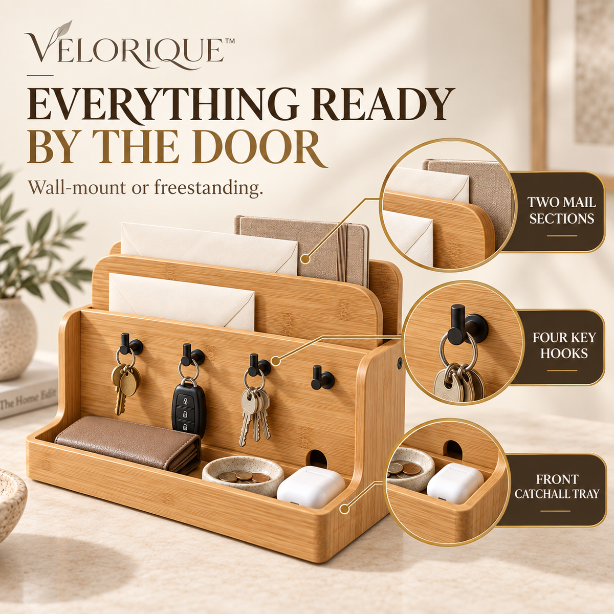 𝑽𝑬𝑳𝑶𝑹𝑰𝑸𝑼𝑬™ TidyArc Coming Home Entryway Organizer — Wood Mail & Key Station