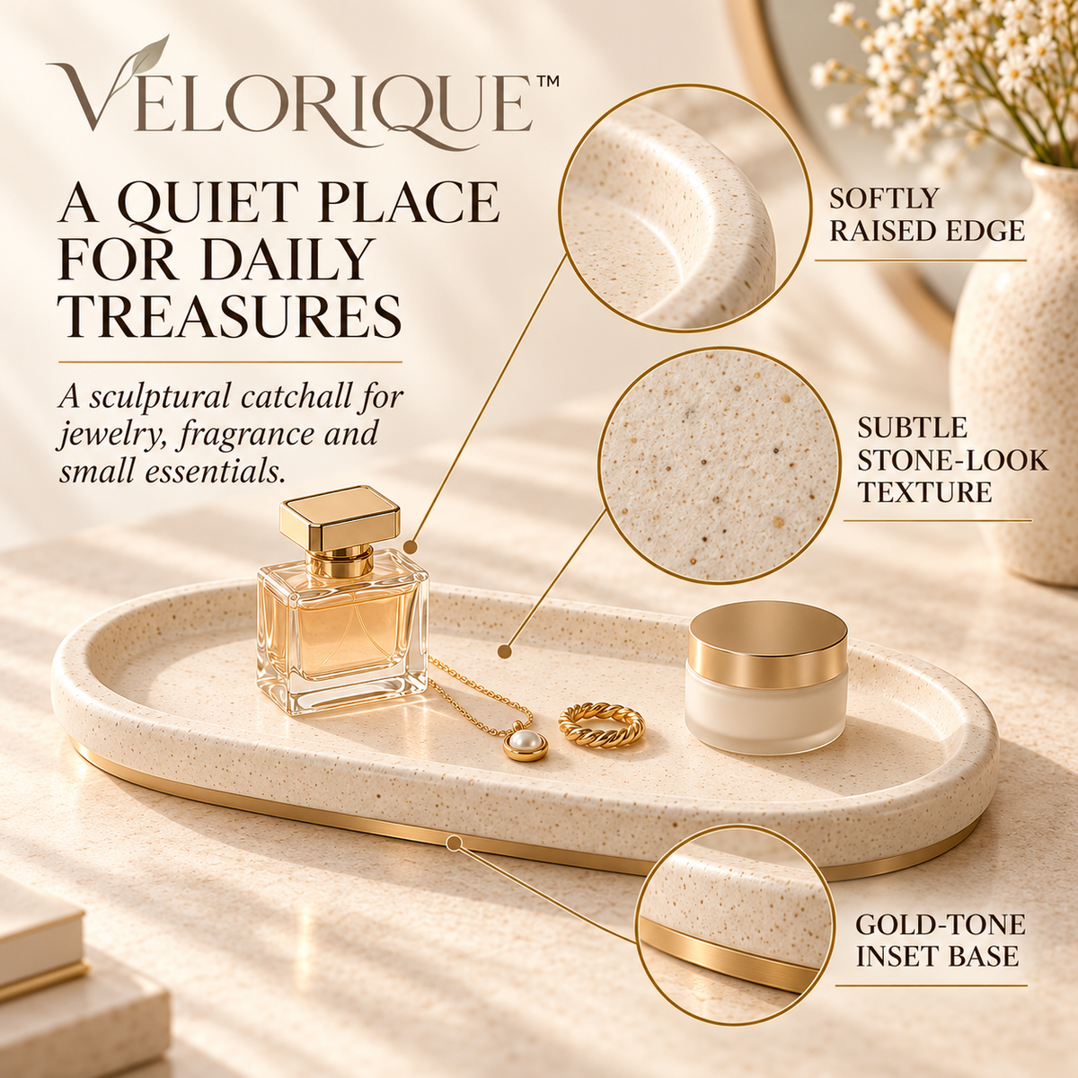 𝑽𝑬𝑳𝑶𝑹𝑰𝑸𝑼𝑬™ Solenne Still Stone Oval Display Tray — Modern Vanity Catchall