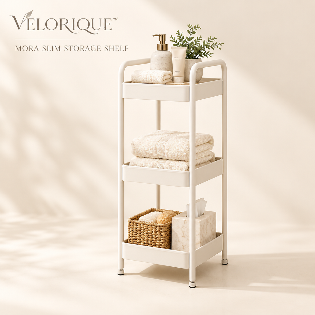 𝑽𝑬𝑳𝑶𝑹𝑰𝑸𝑼𝑬™ Mora Rise & Restore Slim Storage Shelf — Three-Tier Bathroom Organizer