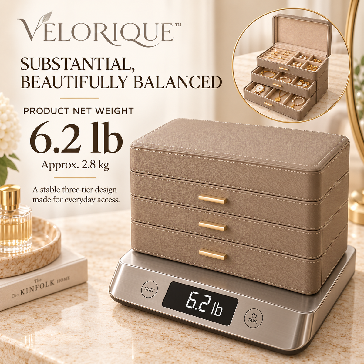 𝑽𝑬𝑳𝑶𝑹𝑰𝑸𝑼𝑬™ Nest Treasured Layers Jewelry Organizer — Three-Tier Velvet-Lined Box