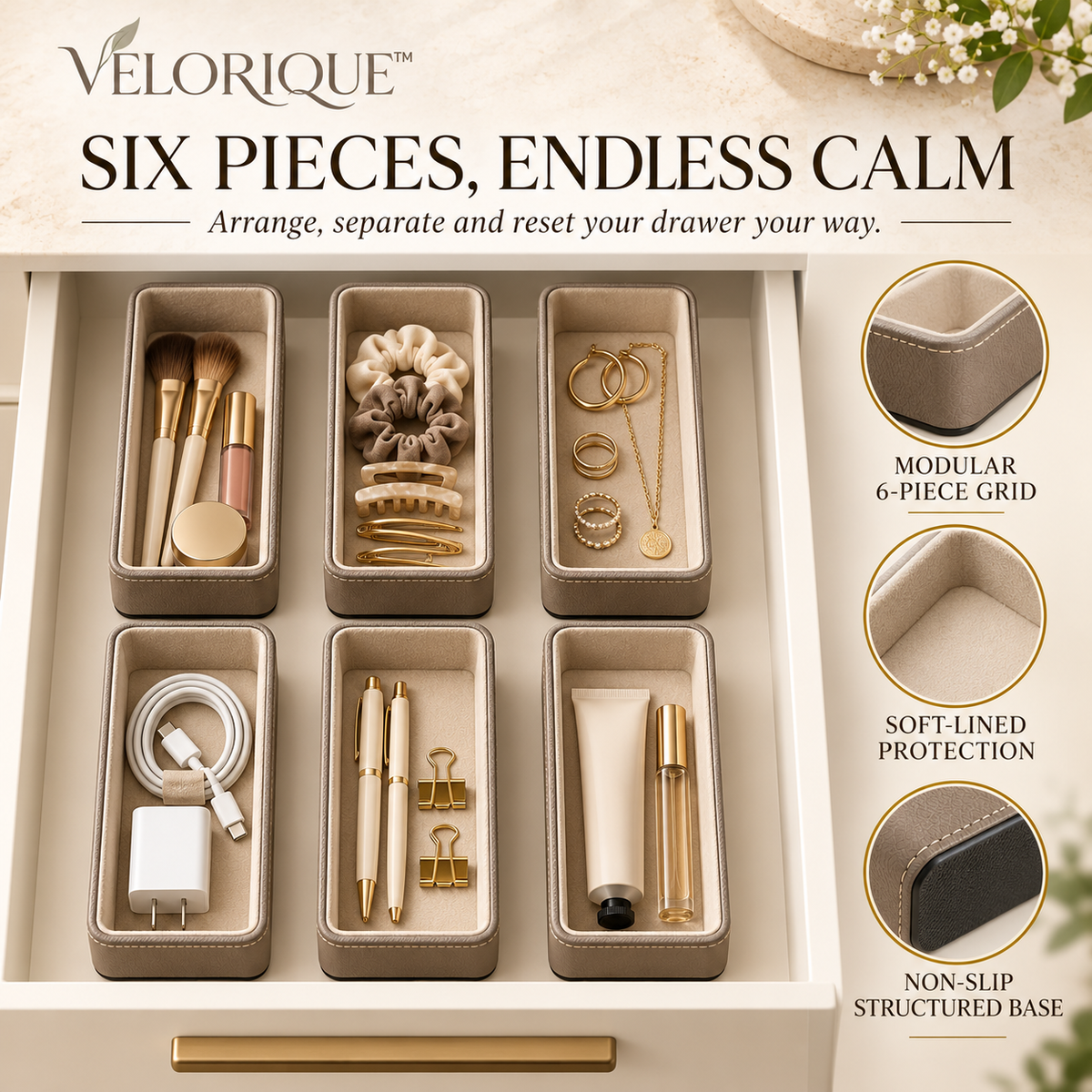 𝑽𝑬𝑳𝑶𝑹𝑰𝑸𝑼𝑬™ CalmGrid A Place for Everything Drawer Organizers — 6-Piece Set