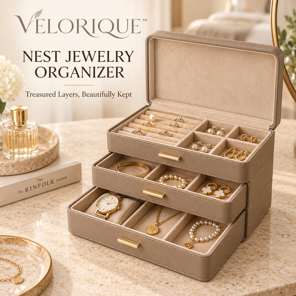 𝑽𝑬𝑳𝑶𝑹𝑰𝑸𝑼𝑬™ Nest Treasured Layers Jewelry Organizer — Three-Tier Velvet-Lined Box