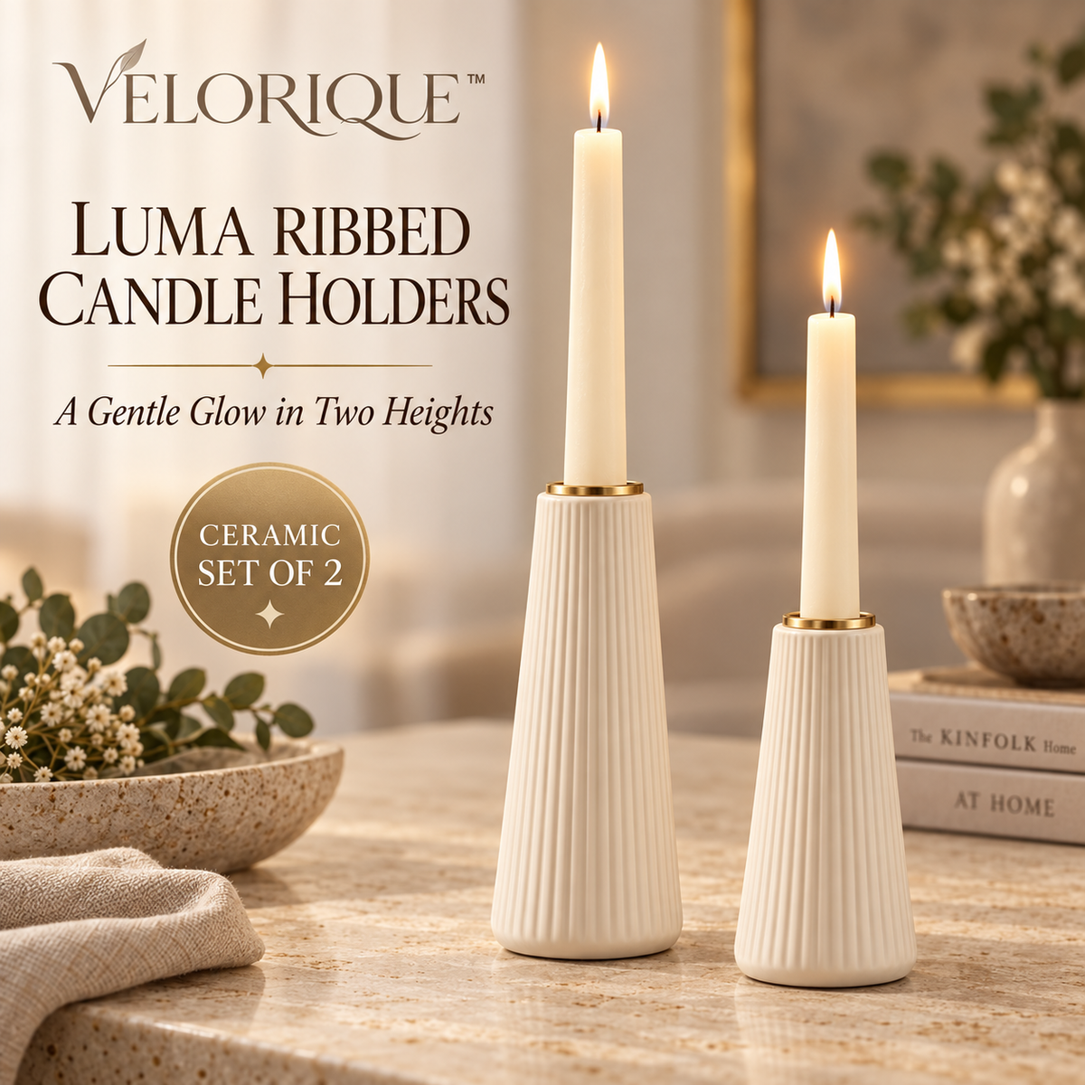 𝑽𝑬𝑳𝑶𝑹𝑰𝑸𝑼𝑬™ Luma Gentle Glow Ribbed Candle Holders — Ceramic Set of 2