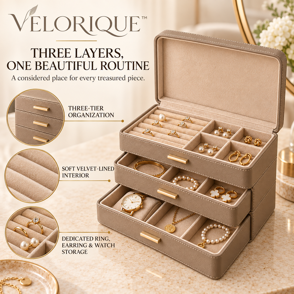 𝑽𝑬𝑳𝑶𝑹𝑰𝑸𝑼𝑬™ Nest Treasured Layers Jewelry Organizer — Three-Tier Velvet-Lined Box