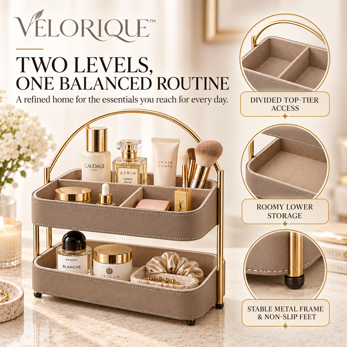 𝑽𝑬𝑳𝑶𝑹𝑰𝑸𝑼𝑬™ Linea Everyday Balance Vanity Organizer — Two-Tier Storage